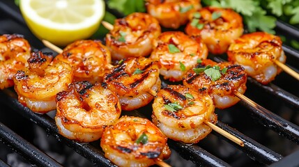 Grilled shrimp skewers garnished with herbs and lemon, showcasing a delicious and colorful seafood dish.