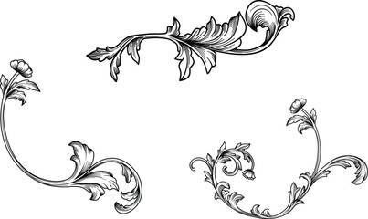 Set of Retro Baroque Victorian Damask patterns decorations element with swirl, scroll, filigree, flourishes calligraphic ornament. Rococo Oriental hand drawn vector.