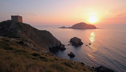 Obraz premium Sunset over the sea a serene coastal view