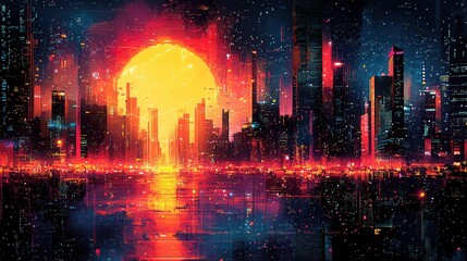 Obraz premium Vibrant Sunset Over Futuristic City Skyline