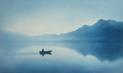 Naklejka premium A lone person rows a boat on a calm lake.