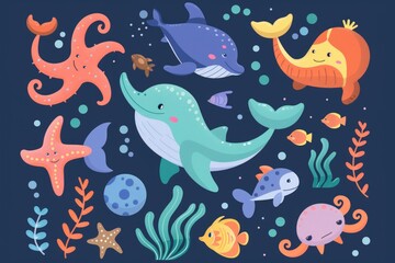 Colorful illustration of various sea creatures gathering in a circular formation