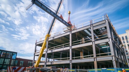 Construction Site with Crane Lifting Steel Beams