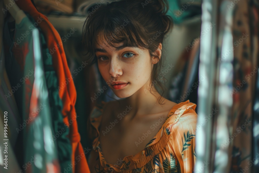 Poster A woman stands in front of a clothes rack, possibly shopping or trying on outfits