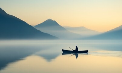 Silhouette of a person rowing a boat in a foggy