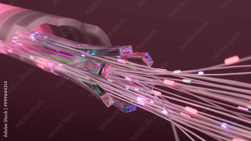 Poster high-speed data transfer: 3d rendering of a fiber optic cable with glowing elements, composed of gla