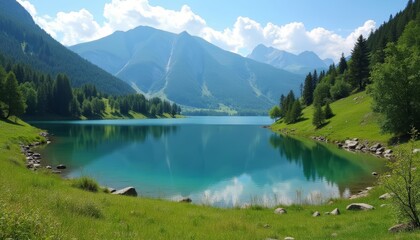 Fototapeta premium Tranquil mountain lake perfect for serene moments