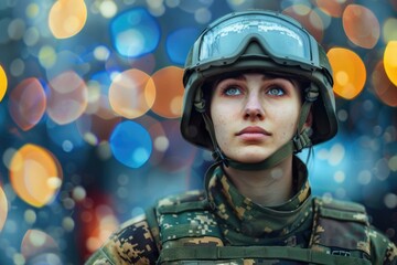 A woman wearing a military uniform and goggles, possibly preparing for action or observation