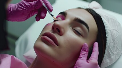 A beautiful model with flawless skin receiving lip filler injections from a doctor