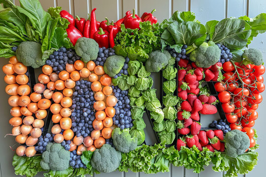Fresh fruit and vegetables forming the word vegan for world vegan day