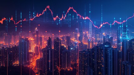 A red candlestick stock market chart overlayed on a city skyline at night.