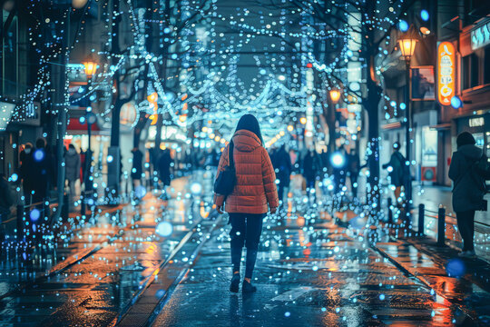 Woman walking in city with digital overlay effect - Powered by Adobe