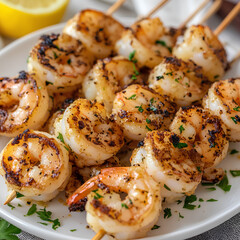 Fototapeta premium Grilled Garlic Butter Lemon Shrimp Skewers with Fresh Herb Garnish