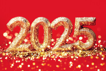 Bright red background with the year 2025 in gold metal numbers.