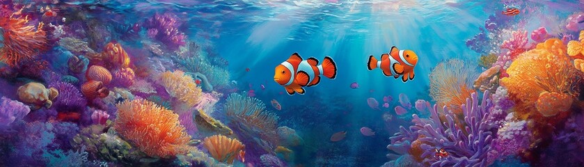 A vibrant underwater scene with a pair of clownfish swimming among bright multi-colored coral formations