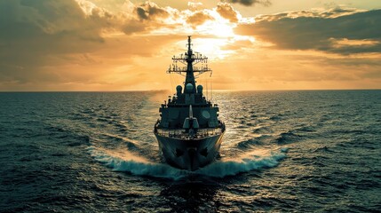 Obraz premium A sleek, modern destroyer ship patrolling the open water, showcasing visible radar equipment and missile launchers on its deck, embodying naval strength