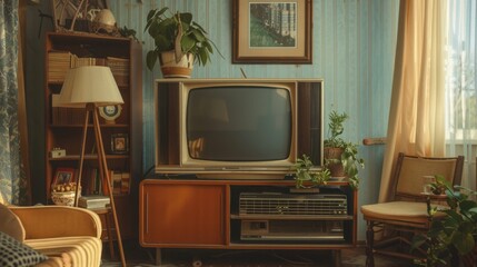 Fototapeta premium A cozy living room filled with modern furniture and a TV, suitable for interior design or lifestyle shots