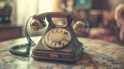 A classic vintage old telephone placed on the table.