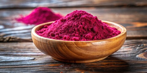 Natural cochineal powder in a wooden bowl with vibrant red color on a rustic wooden background
