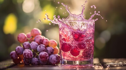 A refreshing drink with grapes, featuring a splash effect in a vibrant setting.