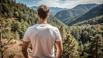 Naklejka premium mock up of a man wearing a plain white t-shirt from behind, with a mountain forest background with dense green trees,