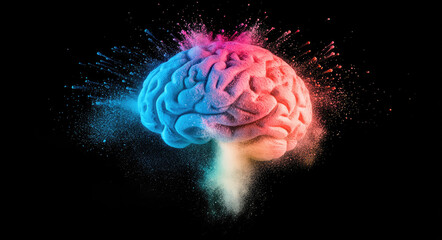 Fototapeta premium A colorful cloud of powder forming the shape of a human brain on a black background, symbolizing creativity and innovation in advertising design