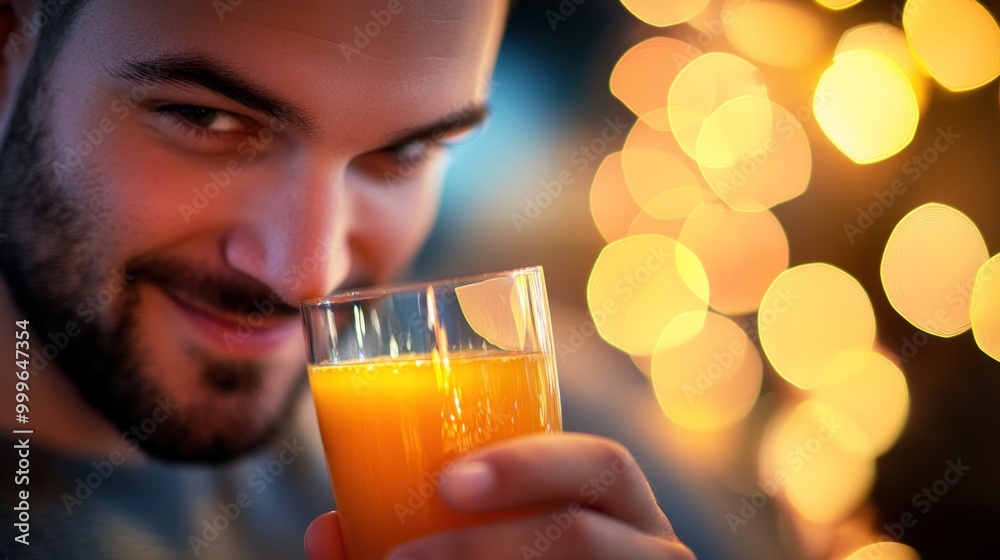 Canvas Prints A man smiling while holding a glass of orange juice, with blurred lights in the background.