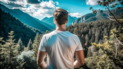 mock up of a man wearing a plain white t-shirt from behind, with a mountain forest background with dense green trees,