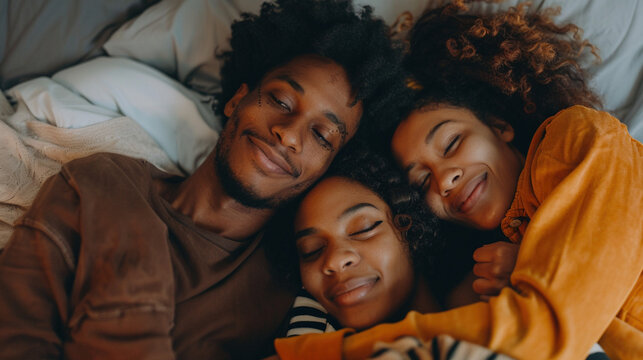 Ethical non-monogamy polyamory relationship concept. Three African-American friends people lovers embracing lying together in bed. Friendship, happiness togetherness 