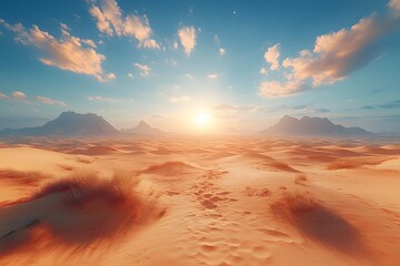 Naklejka premium Serene desert landscape with sand dunes, sparse vegetation and shadows with an open sky. Perfect for text inserts. Ideal for ads, posters or banners to create a sense of solitude and stillness.