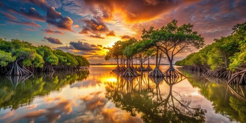 Obraz premium Lush Red Mangrove Forest at Sunset with Vibrant Roots and Reflections in Calm Water Landscape Scene