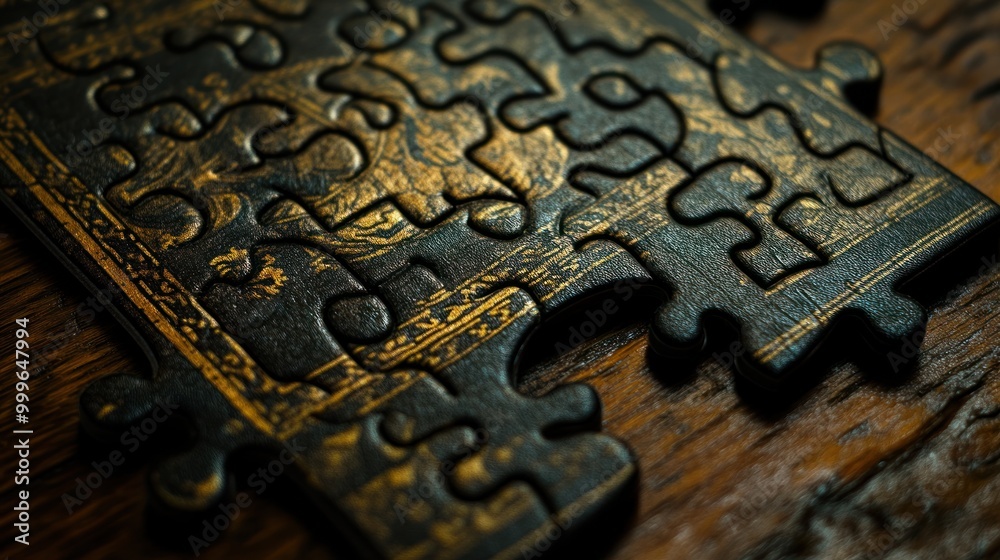 Poster A close-up of an intricate puzzle piece on a wooden surface.