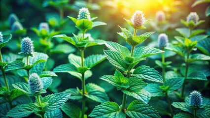 Obraz premium Lush Green Mint Flowers Blooming in a Garden with Fresh Leaves and Vibrant Petals Under Soft Light