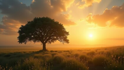 Obraz premium Tranquil sunrise in a field of dreams