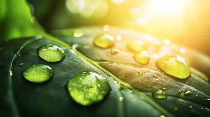 Large beautiful drops of transparent rain water on a green leaf macro. Drops of dew in the morning glow in the sun. Beautiful leaf texture in nature
