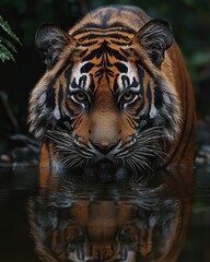 Majestic Tiger Staring Intently at Its Reflection