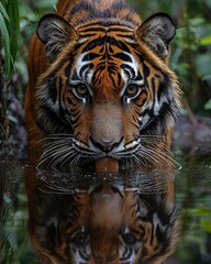Majestic Tiger Staring Into Still Water Reflection