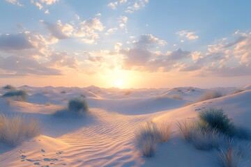 Serene desert landscape with sand dunes, sparse vegetation and shadows with an open sky. Perfect for text inserts. Ideal for ads, posters or banners to create a sense of solitude and stillness.
