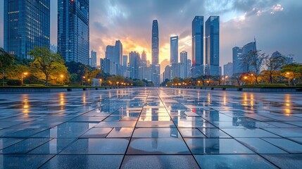 empty, modern square and skyscrapers in modern city 