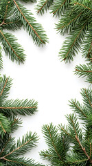 Obraz premium Decorative border frame with evergreen pine branches isolated on white background with copy space for text 
