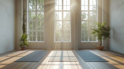 Empty room with yoga mat on floor with white wall. Can use for backdrop and background.
