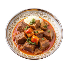Front view of Hunkar Begendi with Turkish Sultan's Delight, featuring lamb stew, isolated on a white transparent background