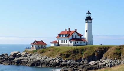  Tranquil coastal scene with lighthouse and cottages