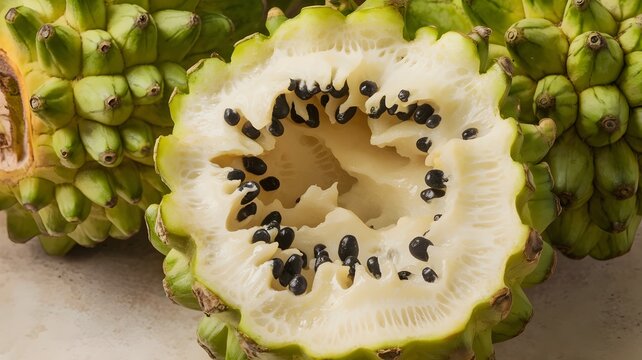 Soursop Fruit with Prickly Green Skin and Creamy White Interior