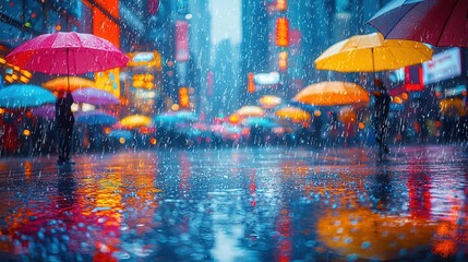 Vibrant Rainy Day in the City with Colorful Umbrellas