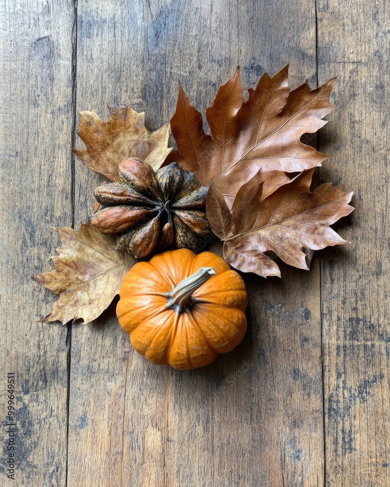 Canvas Prints Autumn themed arrangement of dried leaves and a pumpkin on a wooden surface