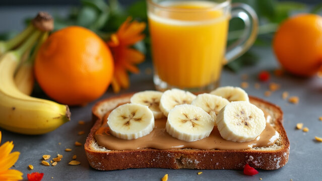 Delicious breakfast with whole grain toast topped with peanut butter and banana slices alongside a glass of fresh orange juice