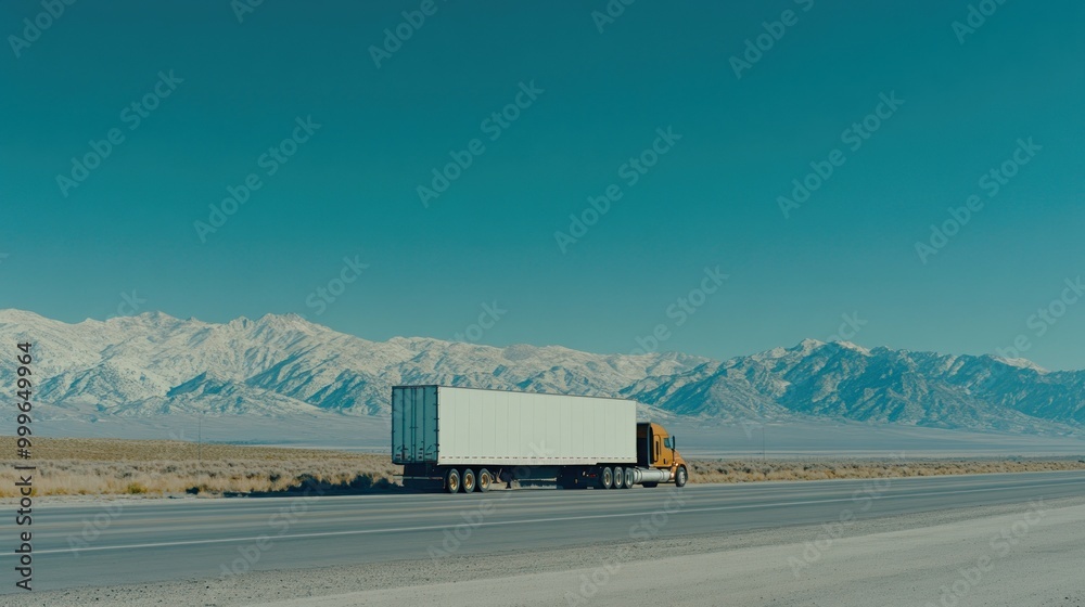 Poster A truck drives along a highway with mountains in the background under a clear blue sky.