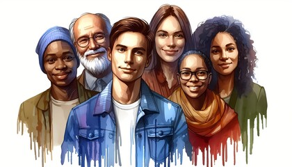 Diverse group of people of different ages and ethnicities smiling together in an artistic illustration