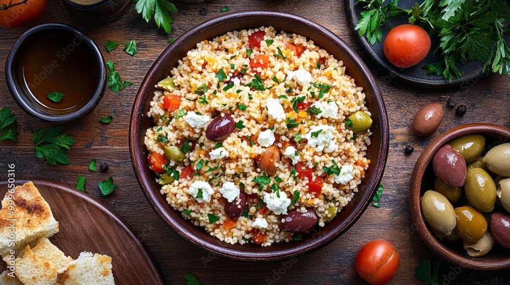 Canvas Prints A vibrant bowl of couscous salad with vegetables, olives, and herbs, perfect for sharing.